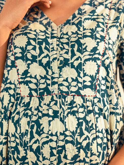 Teal Blue Cotton Floral Printed Kurta with Palazzo